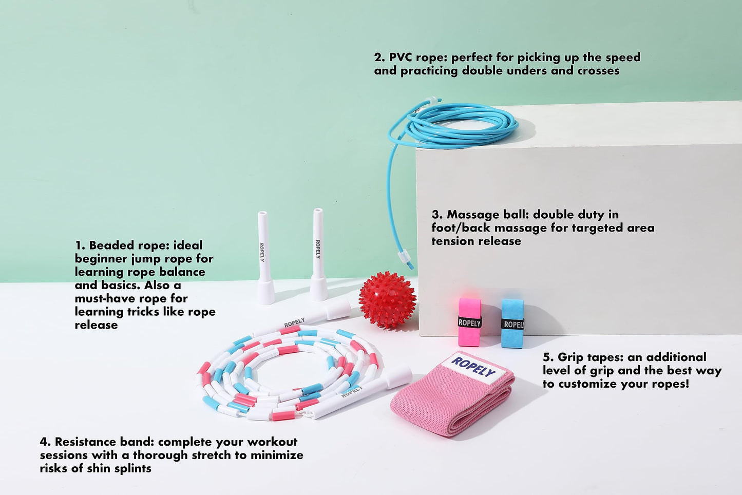 Ropely Skipping Rope 6-in-1 Set Beginner Friendly Kit with Tangle Free Segmented Beaded Rope, PVC Rope, Massage Ball, Resistance Band, and Handle Tape Ideal for Cardio Fitness, Adjustable Length
