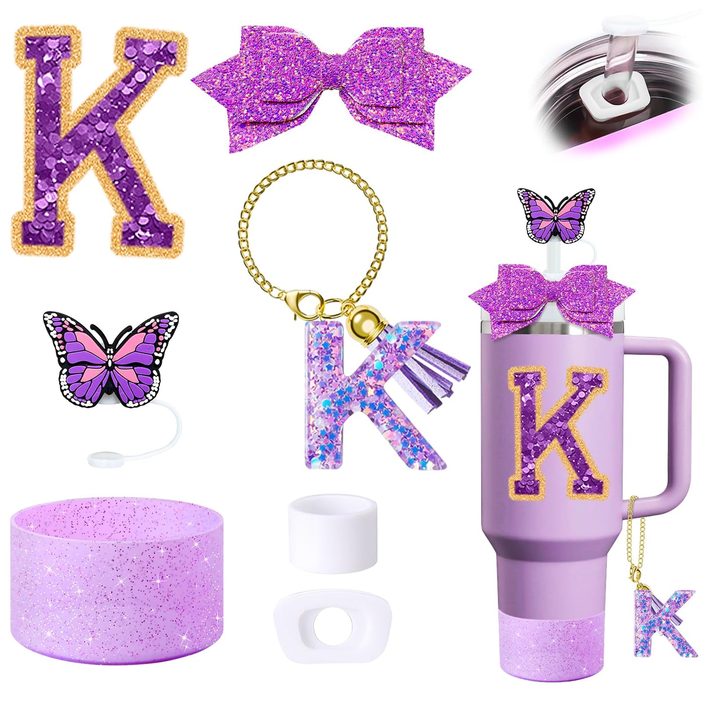 7Pcs Purple Stanley Cup Accessories Set for Stanley Cup 30&40 Oz Tumbler - Silicone Straw Cover Cap and Boot, Letter Charm for Handle, Spill Proof Stopper, Bow straw Decoration, Initial Sticker(K)
