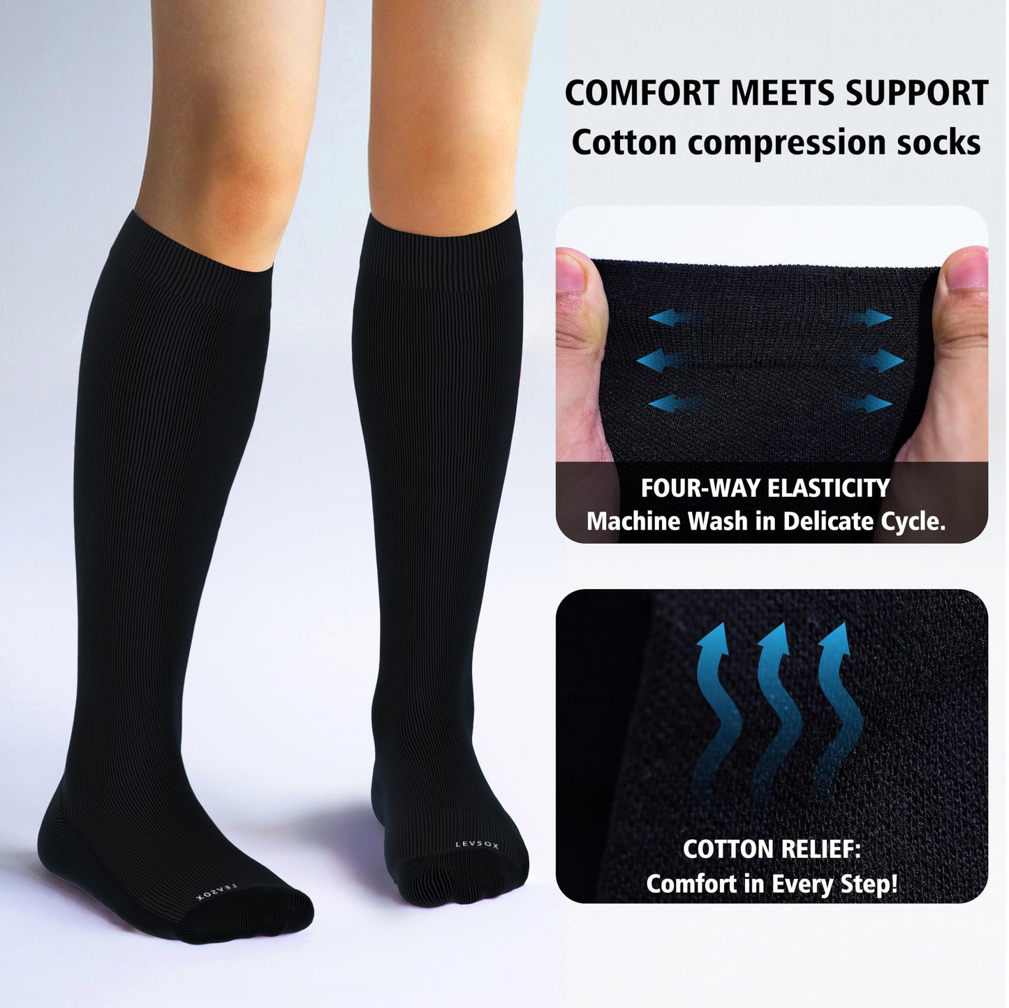 LEVSOX Extra Thick Cotton Compression Socks for Women&Men 20-30 mmHg Knee High Graduated Support Sock for Nurses, Pregnant Women, Travel and Flight, 2 Pairs, Black