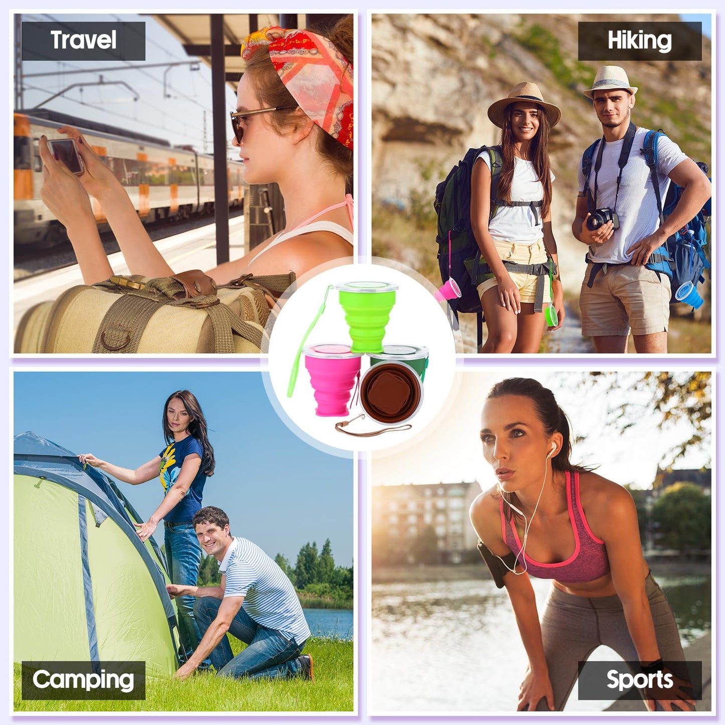 Umigy 24 Pcs Collapsible Travel Cups 6.8 oz/200 ml Silicone Foldable Expandable Cups Reusable Portable Drinking Mugs with Lids for Outdoor Camping Backpacking Hiking Travel