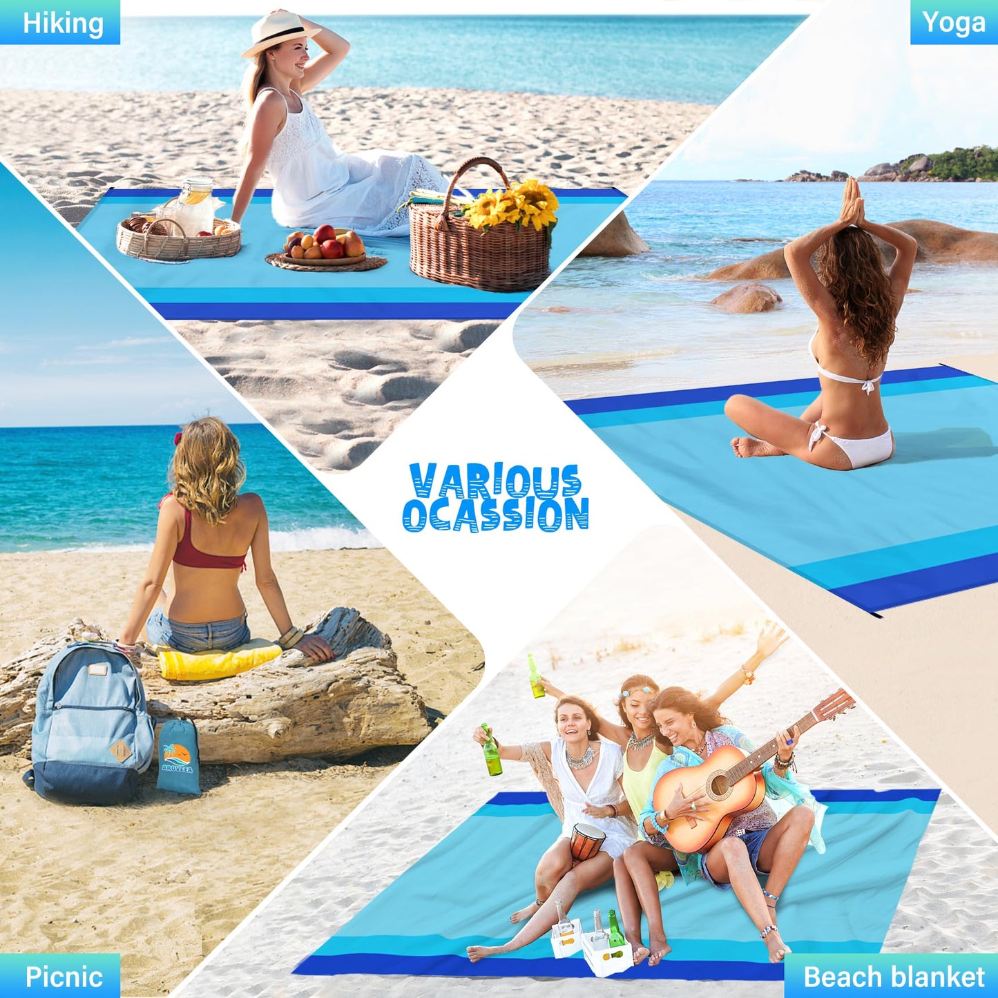 Aroveea Beach Blanket Waterproof Sandproof 1-7 Adult Oversized 78 '' × 81 '' Lightweight Durable Compact Sand Free Beach Mat for Travel Camping Hiking Picnic Blanket