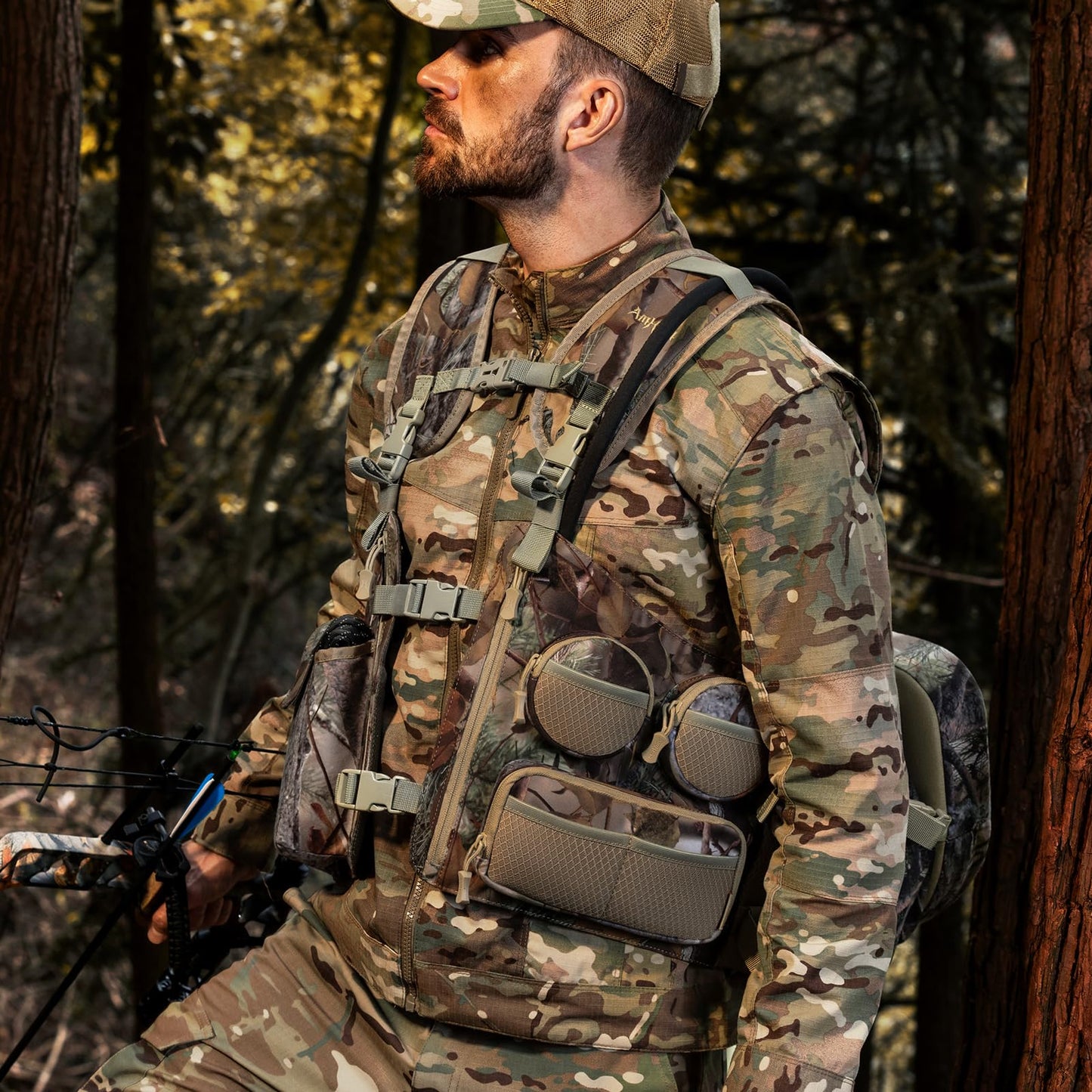AMHEH Tactical Outdoors Vest for Men Hunting Vest with Magnetic Seat Cushion Game Pouch Adjustable Breathable Gear Accessories