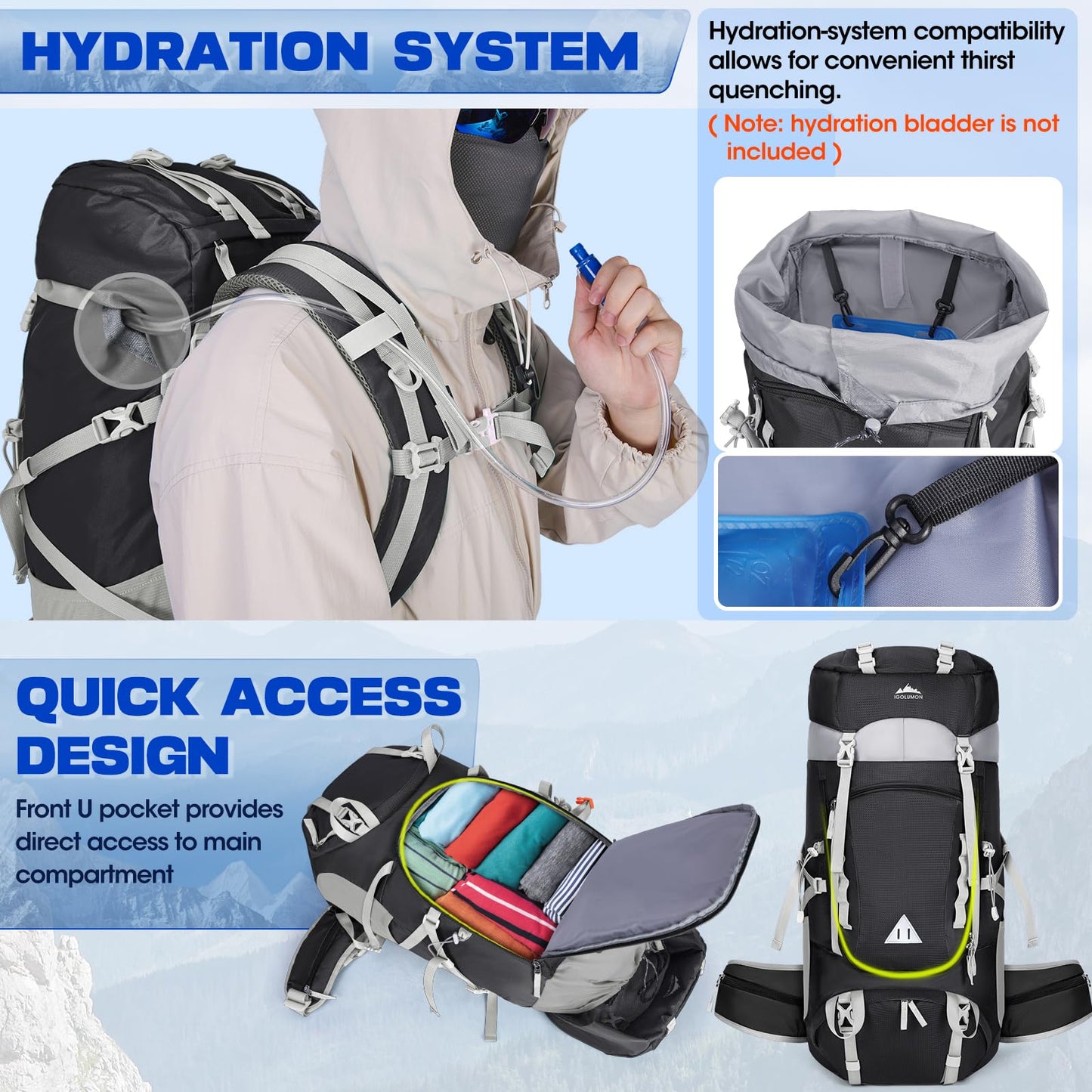 IGOLUMON 60L Hiking Backpack, Large Camping Backpack with Rain Cover Waterproof Travel Hiking Daypack Lightweight Backpacking Pack for Men Women, Black