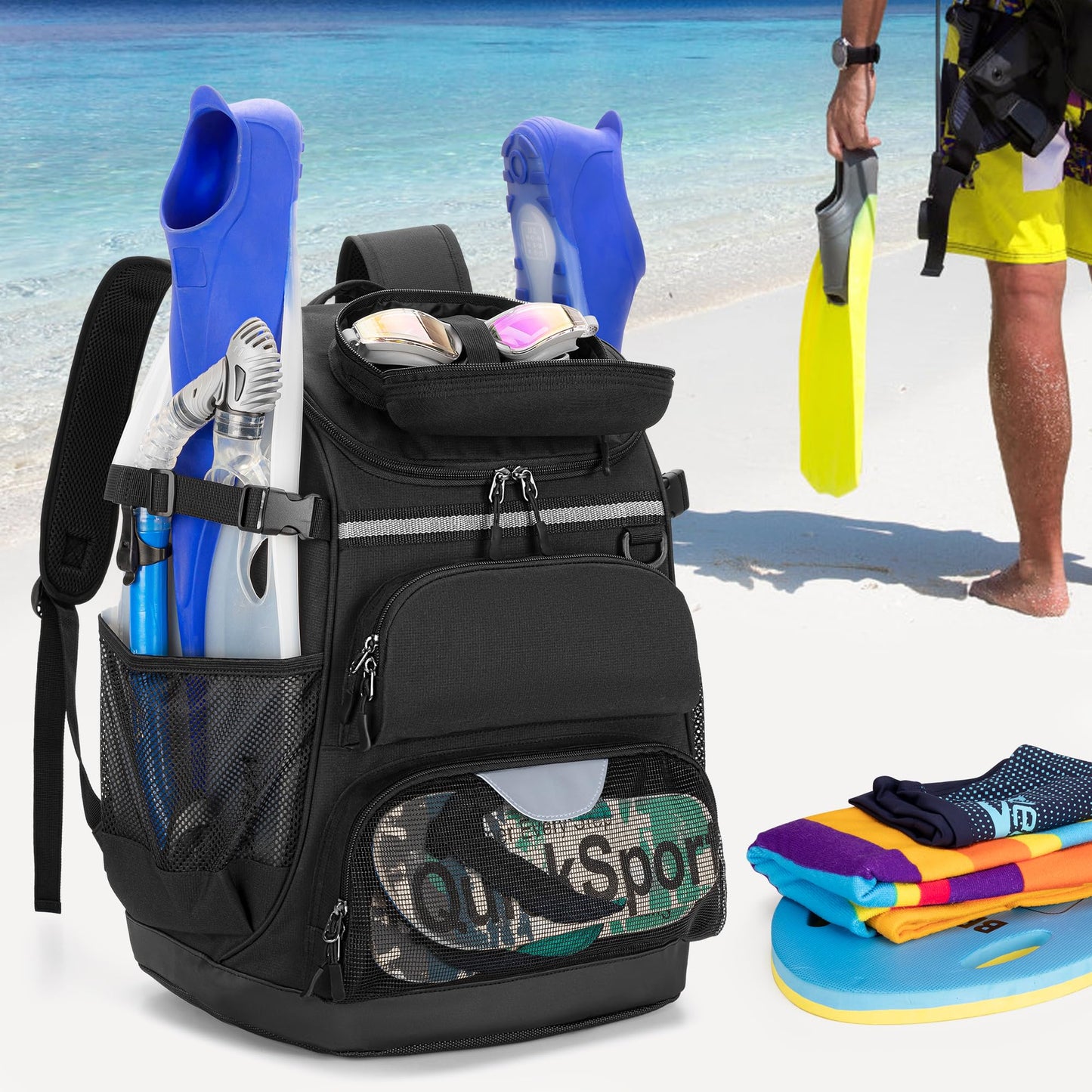 GOBUROS Swim Backpack with Separate Shoe Space, Swim Gear Bag for Swimming Pool, Beach, Swimming Athlete Sports Backpack for Men and Women, Black