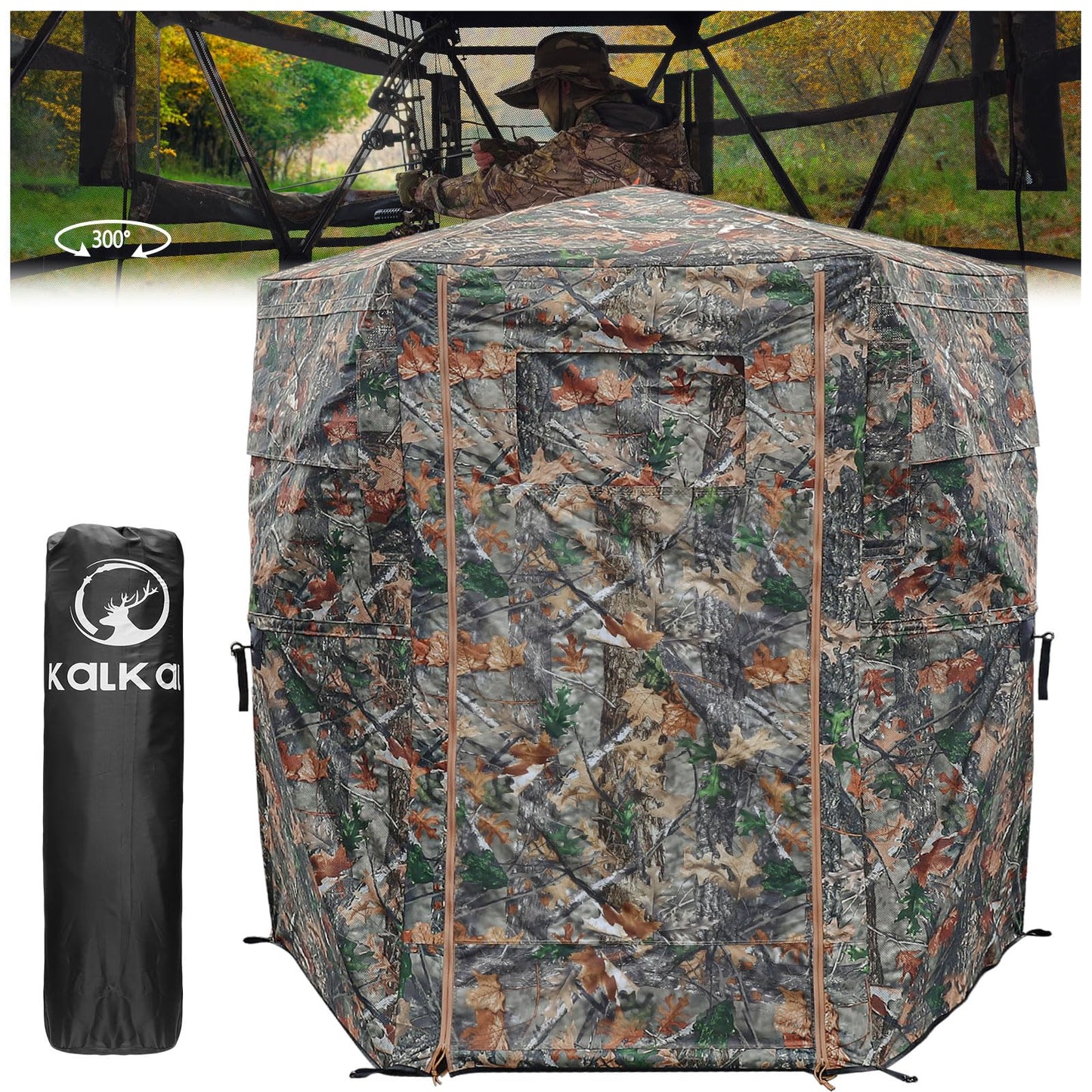 Kalkal Hunting Blind with Full Open Door, 2-3 Person 300° See Through Hunting Blind with Portable Bag, Stable 6-Sided Pop Up Ground Blind for Deer Turkey Bear Hunting
