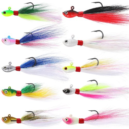 Motionchic 10 Pieces Bucktail Jigs Hair Jig Saltwater and Freshwater Bait Surf Striper Fishing Lure Head Swimbait Jig Hook for Pompano Halibut Mackerel Bass Flounder(1 oz)