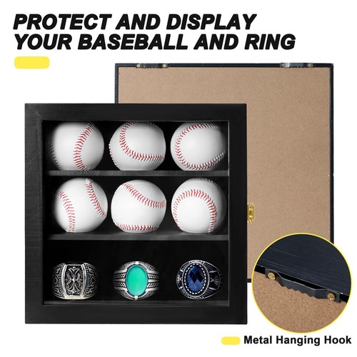 Baseball Display Case Championship Ring Display Case, Wooden Wall Cabinet with Lock for Collection Autographed Baseball Championship Ring, for Children