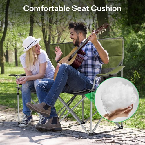[outlets]VIVOSUN Double Camping Chair, Fully Padded Folding Loveseat, Portable Oversized Duo Chair with Storage Cup Holders, Height-adjustable Armrests & Carry Bag, Supports up to 500lbs, Green & Grey