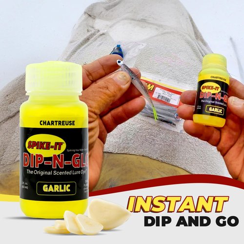 Spike It Softbait Dip-n-Glo Garlic Scented Lure Dye | Vibrant Chartreuse Color | Fishing Worm Paint for Soft Plastic Lures | 2 Oz Bottle