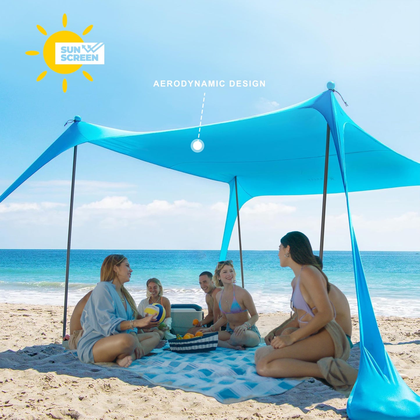 AMMSUN Beach Tent Portable Beach Canopy,11ft X 11ft Sun Shelter Easy Setup, 11'x11' Lycra Sun Shade with UPF50+ Protection 4 Sand Bags & 4 Poles for Family at The Camping, Beach & Outdoor