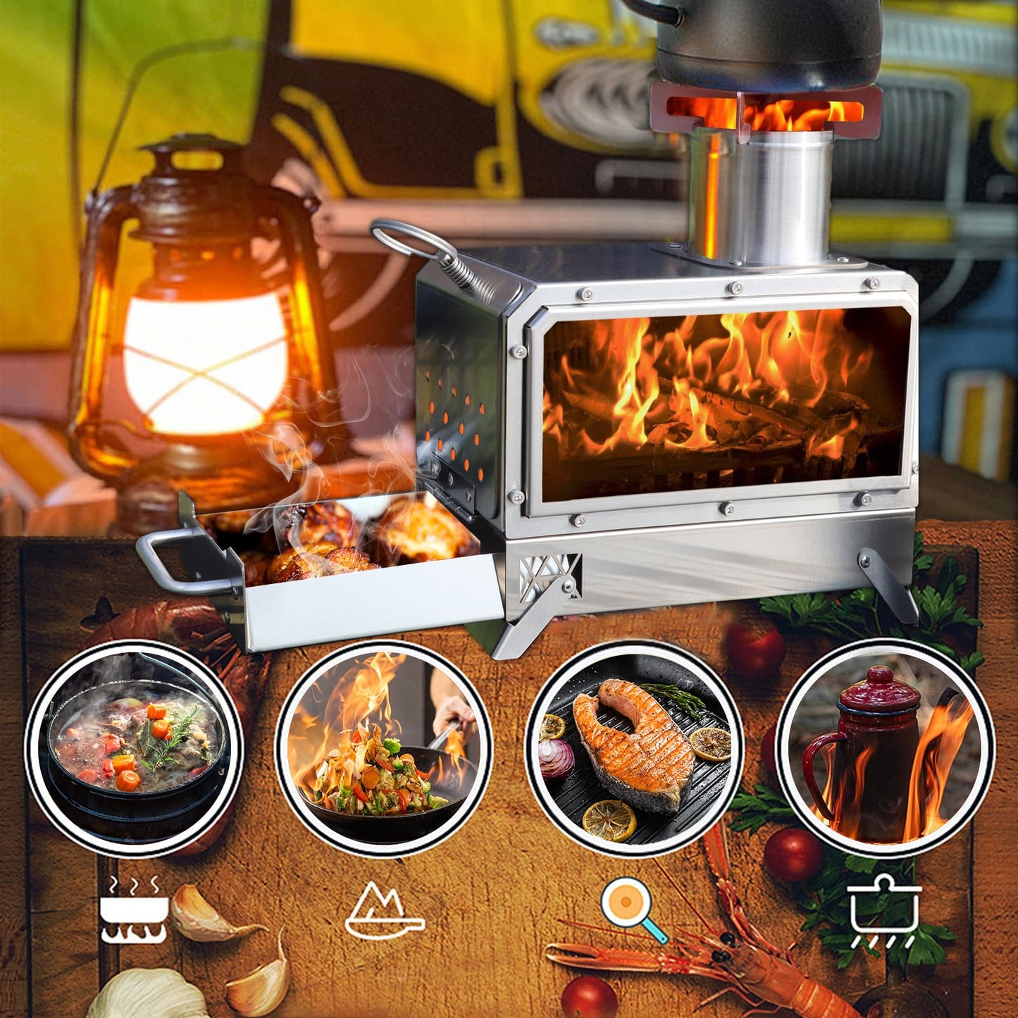 FOAPLE Outdoor Portable Wood Burning Stove，Mini Camp Oven, Camping Stove portable for Cooking, Stainless Steel Wood Burning Stove with Bag, Heat Insulation Pad, Gloves, Wood Stove for Hiking BBQ