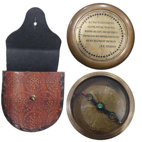 Dolchi Tolkien-Inspired Vintage Brass Compass with Leather Case - Magnetic Directional Compass for Navigation, Camping, Hiking, and Touring - 'Not All Who Wander are Lost' - Unique Gift