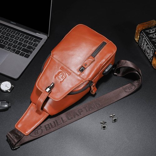 Cross Body Bag Genuine Leather Sling Bags for Men Shoulder Bag with USB Charging Port Backpack for Travel (Tan)