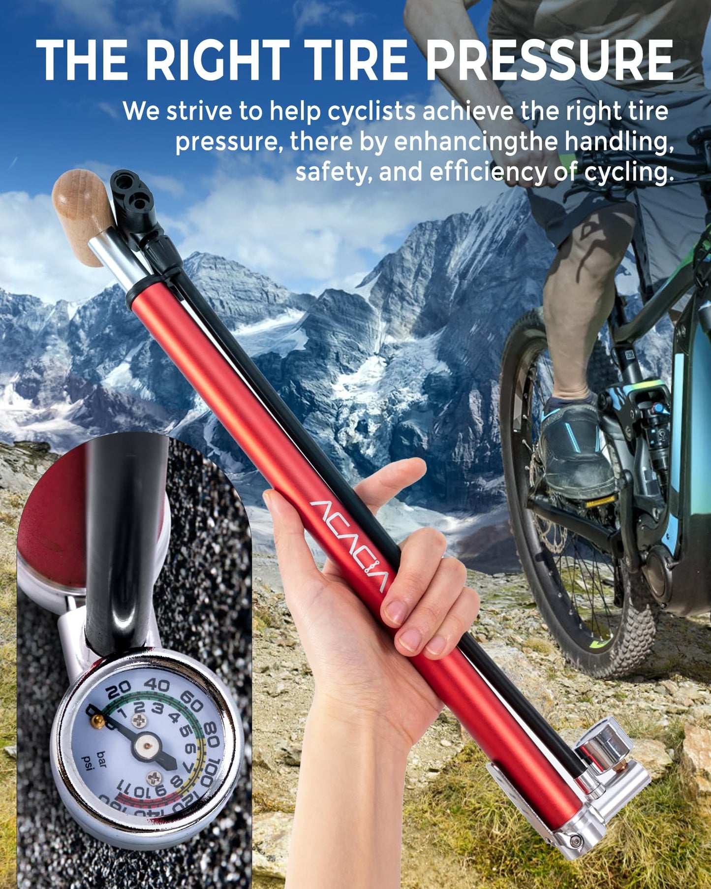 ACACIA Bike Floor Pump with Gauge Fits Presta and Schrader Valve