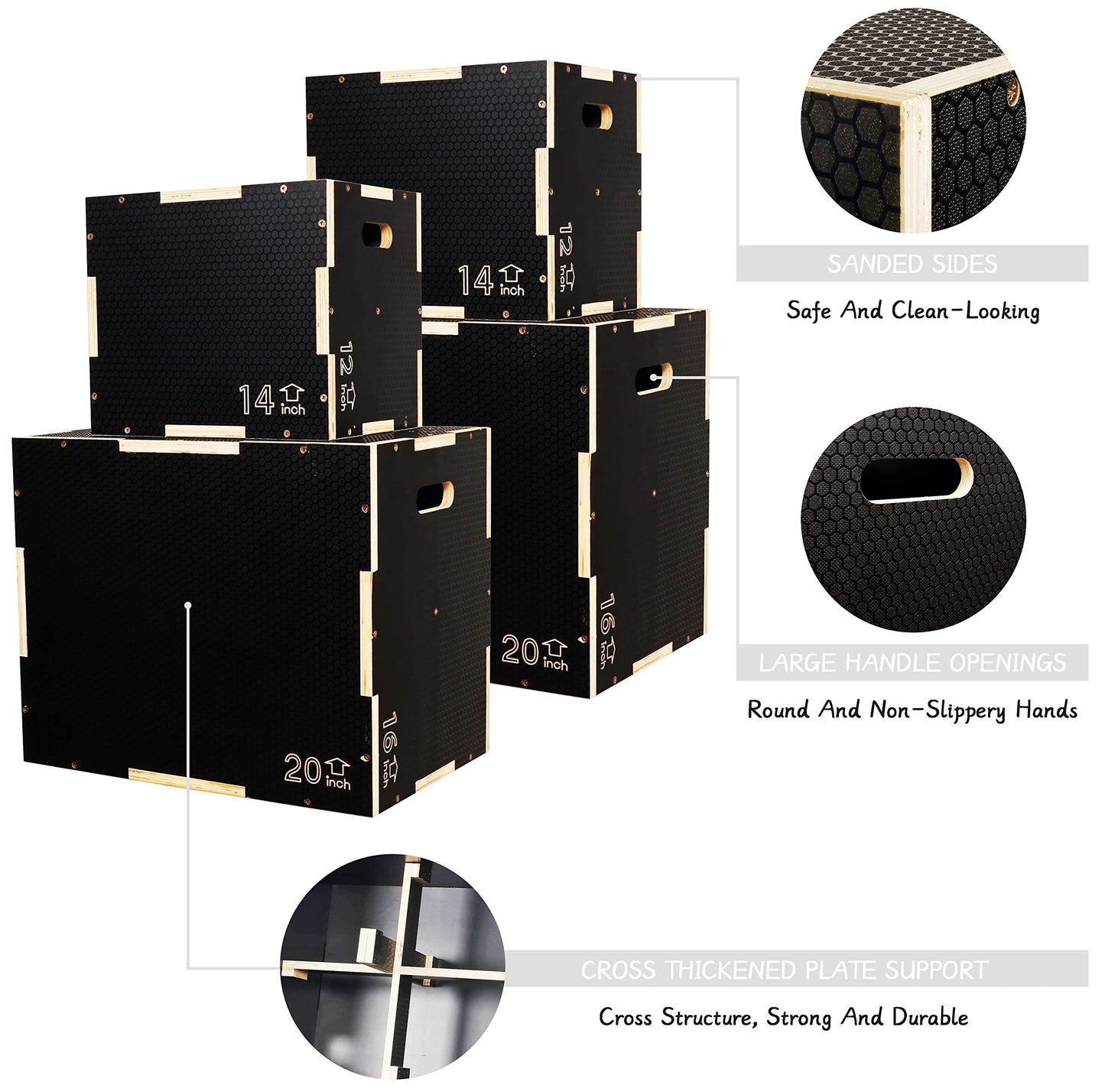 Fitvids 3 in 1 Non-Slip Wooden Plyo Box Plyometric Box Jumping Exercise, 12x14x16 Inches, Black