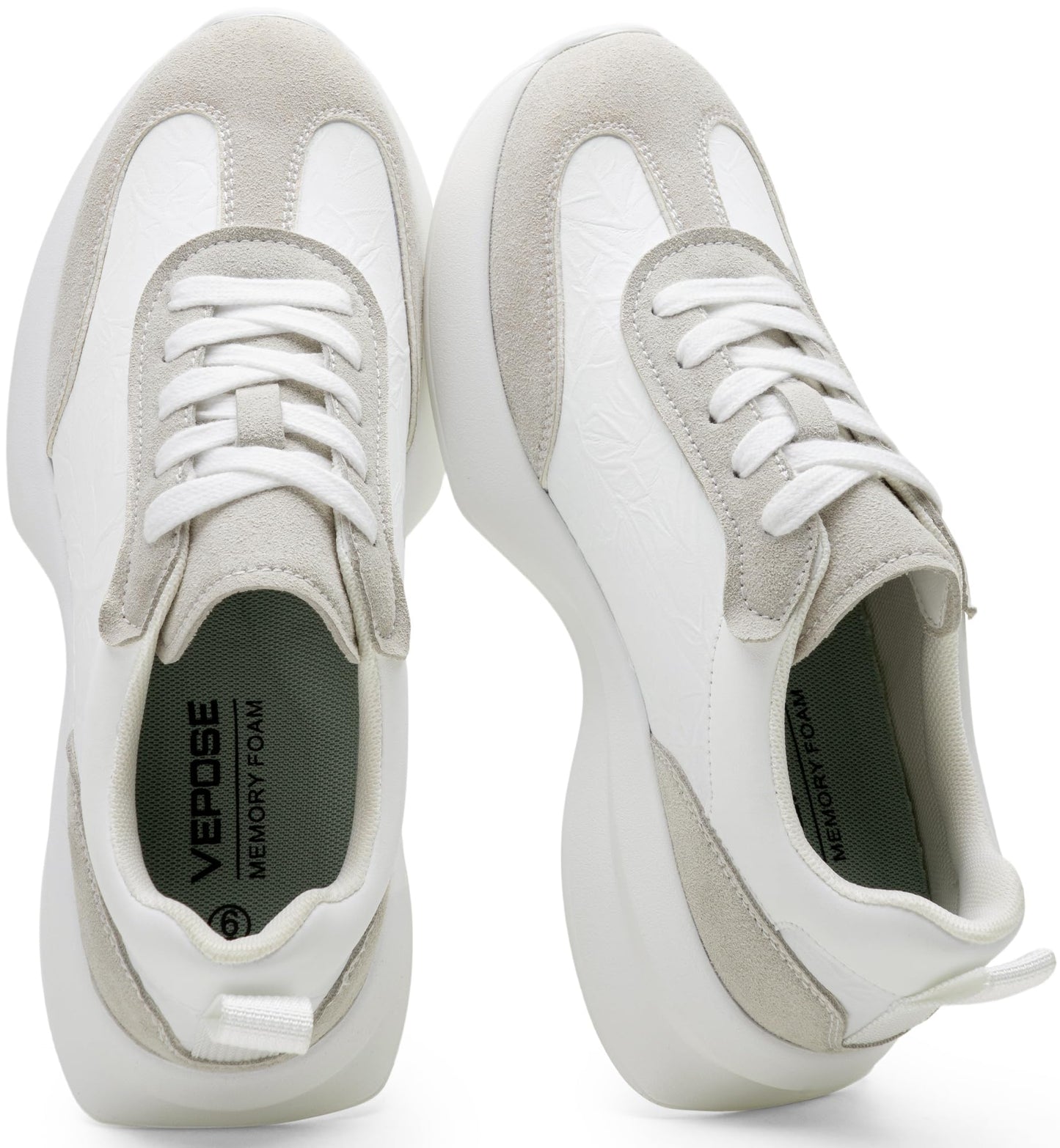 Vepose Women's White Grey Lightweight Platform Sneakers Chunky Casual Tennis Shoes, Memory Foam Non Slip, Suede Pu Lace Up, Everyday Walking Travel Office Size 8.5(CJY8216 White Grey 08.5)