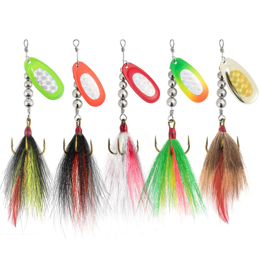 Alownder 5PCS Musky Lures Bucktail Spinnerbait Muskie Fishing Lures, French Blade Stainless Steel Shaft Beads Triple Hook Inline Spinner Bait Kit for Pike Bass Trout Kokanee Salmon Fishing