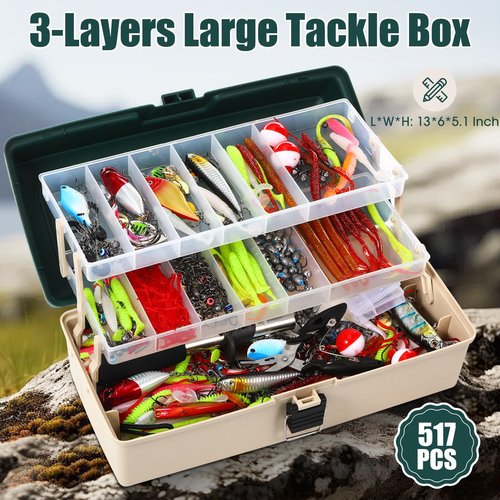 RoundFunny 517 Pcs Large 3 Layers Tackle Box with Tackle Fishing Lures Kit Included Pliers, Fish Lip Gripper, Crankbait, Hooks, Other Accessories Fishing Bait Gear Kit for Men(Dark Green Milky White)