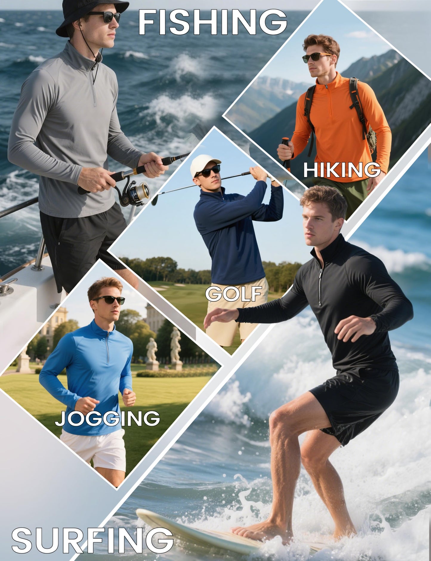KEFITEVD Mens Sun Shirts UV Protection Long Sleeve Summer Quarter Zip T-Shirts Brethable Boating Water Shirt Blue L