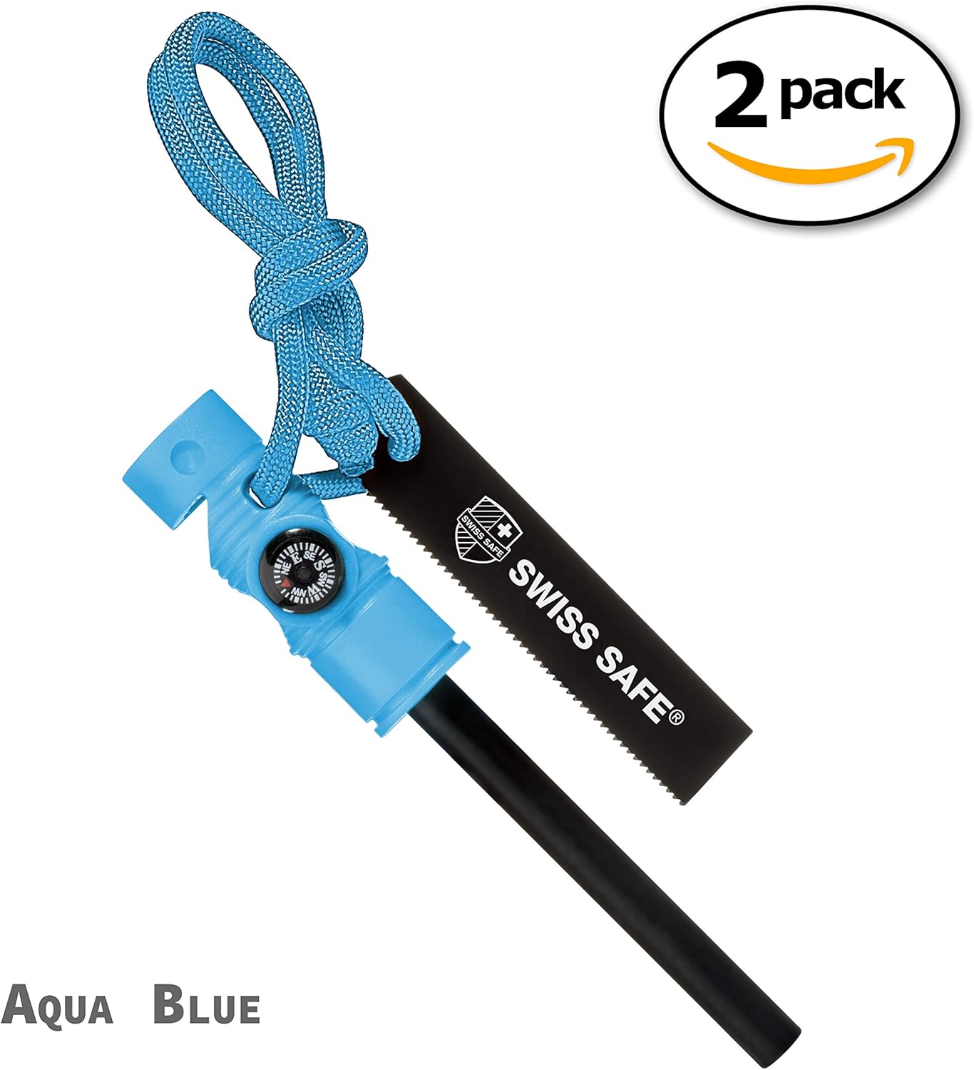 Swiss Safe 5-in-1 Magnesium Ferro Rod Fire Starter Survival Tool - Flint & Steel Striker, Compass, Paracord & Whistle - Emergency Kit for Backpacking, Camping, Hiking - All-Weather