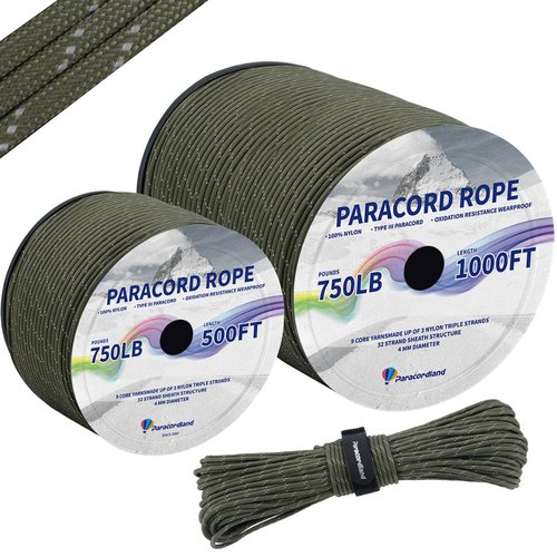 Paracordland-750LB Reflective Rope-100ft/500ft/1000ft- 9 Strand Parachute Spool Cord Heavy Duty String Ideal for Survival Gear Bracelet Camping Hikig Fishing-Reflective Green