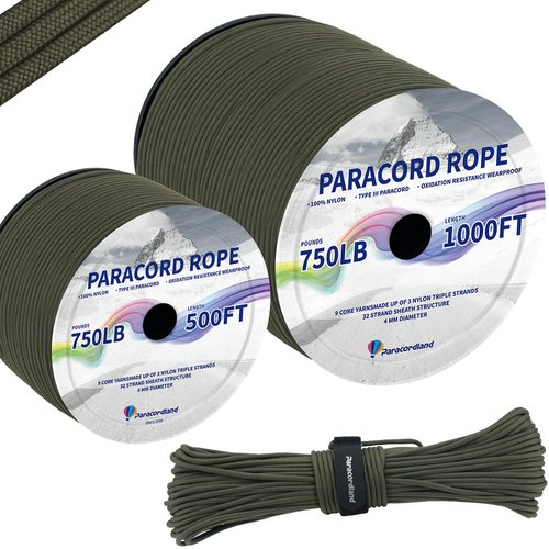 Paracordland-750LB Paracord Rope-100ft/500ft/1000ft- 9 Strand Parachute Spool Cord Heavy Duty String Ideal for Survival Gear Bracelet Camping Hikig Fishing-Army Green