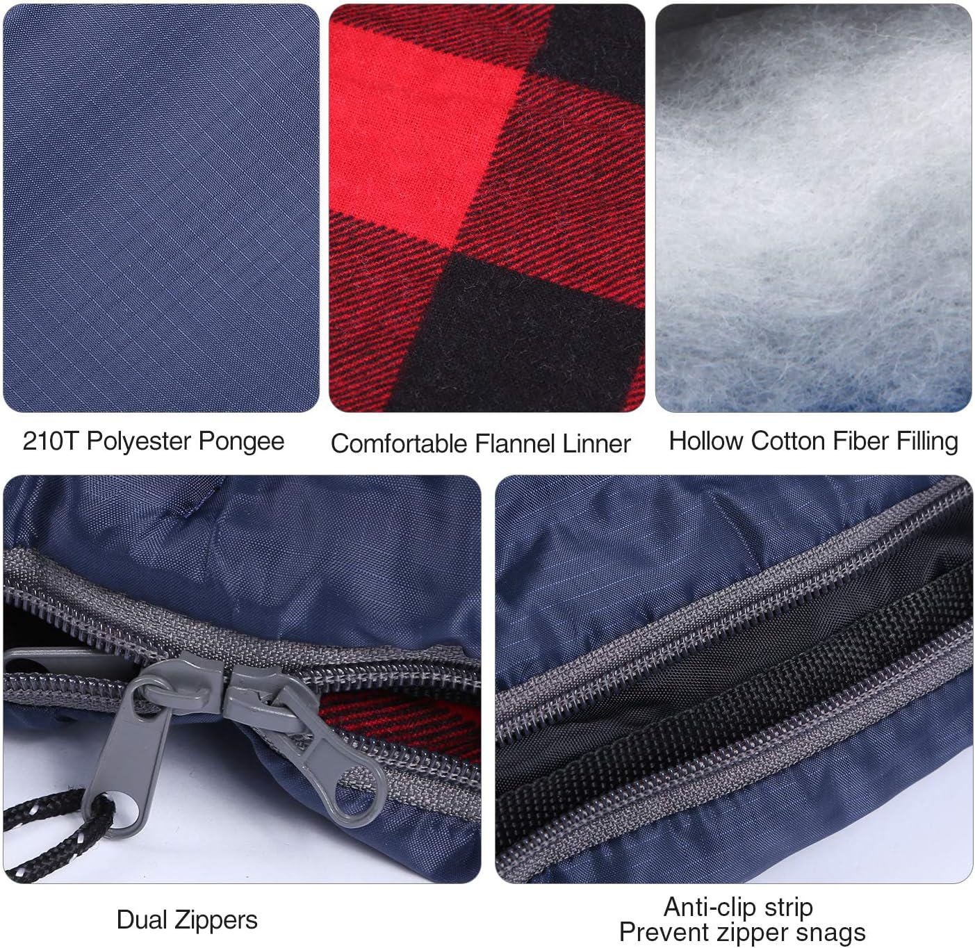 REDCAMP Flannel Sleeping Bag for Adults, Comfortable Cotton Sleeping Bags for Camping with Detachable Hood, Red/Grey/Blue