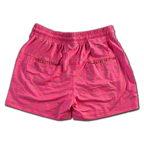 Mens Party Booty 4in Inseam Shorts, Zippered Pockets, Rave & Festival Shorts LGBTQ, Gay Weekender - UV Pink Neon Reflective Triangles, XL