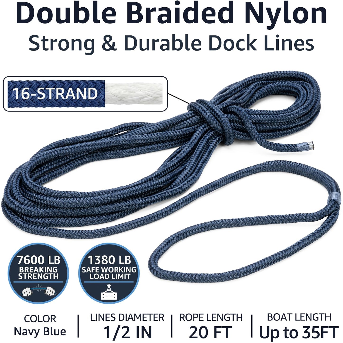 PACTHSD Double Braid 1/2" x 20' Boat Dock Lines (2-Pack) – Nylon Boat Ropes for Docking with 12" Spliced Eye – Heavy Duty Marine Rope – Soft & Durable Boat Lines for Pontoon and Light Boat (Navy Blue)