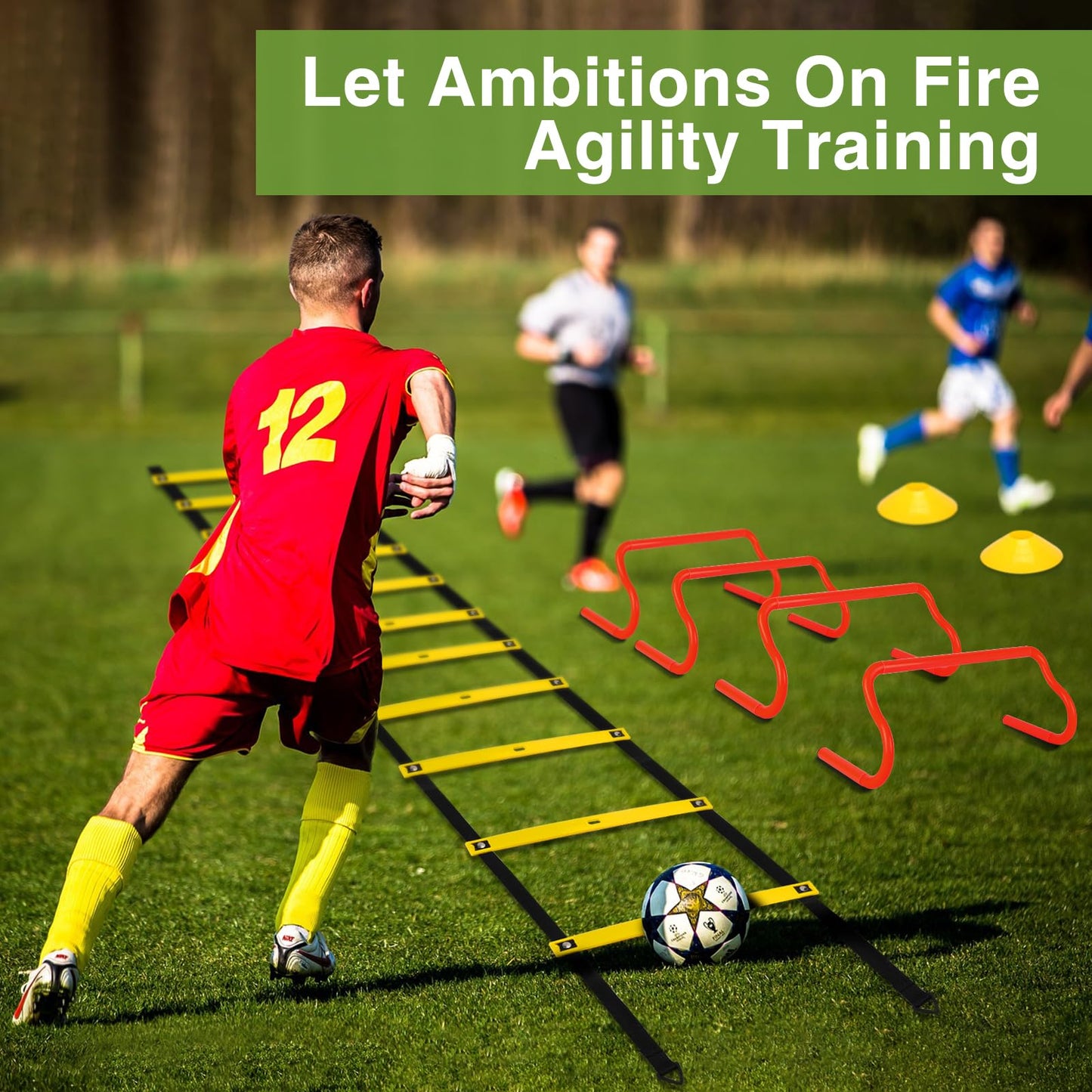 Ambifirner Agility Ladder Training Equipment Set - Agility Ladder(12 Rungs/20ft), 4 Speed Hurdles, 12 Training Cones, Jump Rope, Parachute for Speed/Soccer/Football Training with Carry Bag
