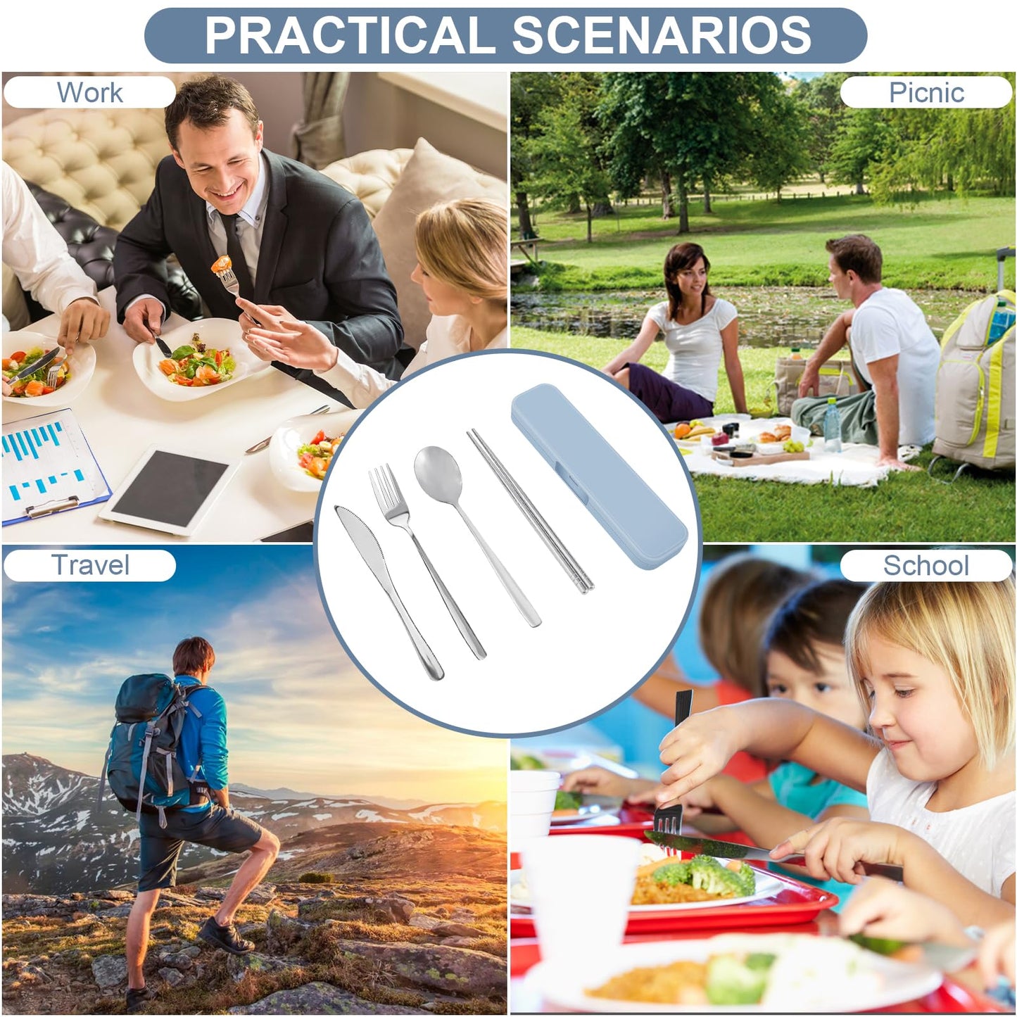 5 Piece Rsiynax Portable Travel Utensils Set with Case, Premium 304 Stainless Steel Camping Utensils Set, Reusable Silverware for Camping, Lunch, Work, School, etc, Easy to Clean (Silver)