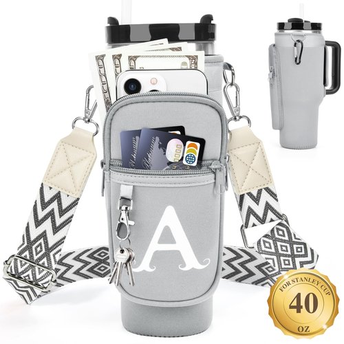 LOKASS Water Bottle Holder with Strap for Stanley Cup 40 oz Tumbler with Handle, Personalized Initial, Water Bottle Carrier Bag with Phone Pocket for Stanley Cup Accessories Grey A