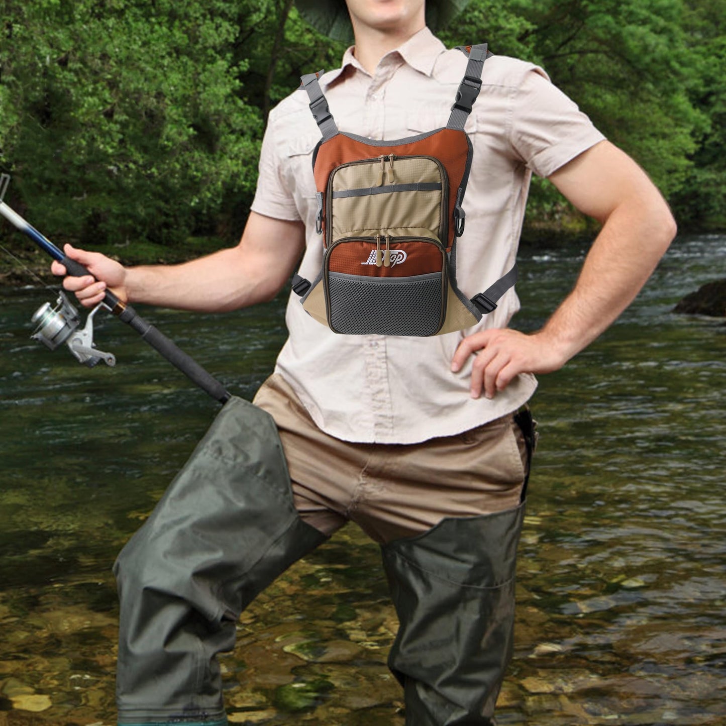 JLDTOP Fly Fishing Chest Pack, Lightweight Fishing Backpack, Fishing Tackle Storage Fits Up to Hold Fly Boxes, Fishing Accessories for Men(Orange + Gray)