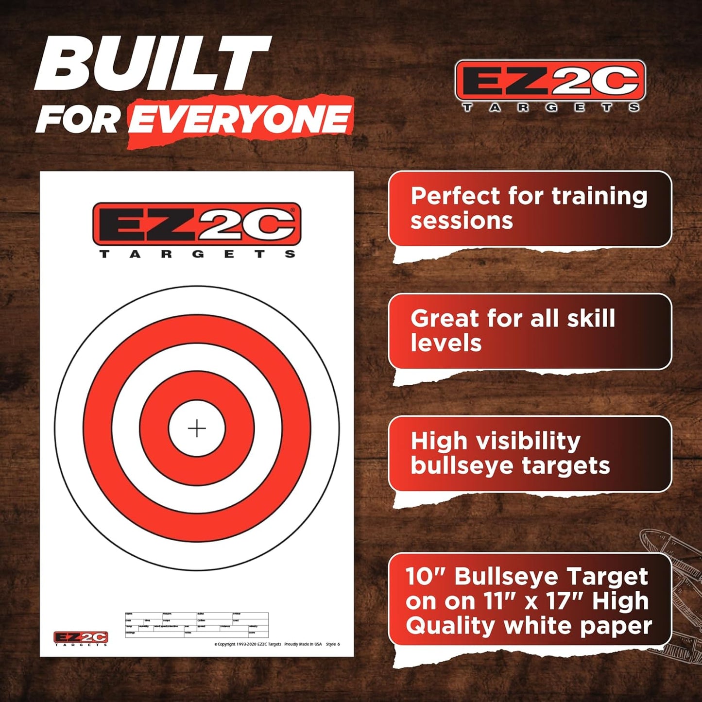 EZ2C Pistol Target, Bullseye Practice Targets for Shooting Range, Made in USA Compatible with All Pistols and Handguns, Tactical Paper Targets for Gun Range 11" x 17" Tear-Off Pad of 25
