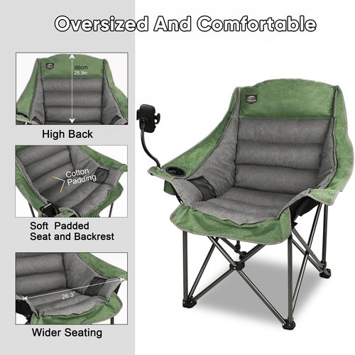 LANMOUNTAIN Oversized XL Folding Camping Chair,Heavy Duty Support 400Lbs,Large Comfy Padded Camp Chair for Adults,Lawn Arm Chair w/Cup Holder,Phone Holder,Carry Bag Perfect for Outdoor (Green)