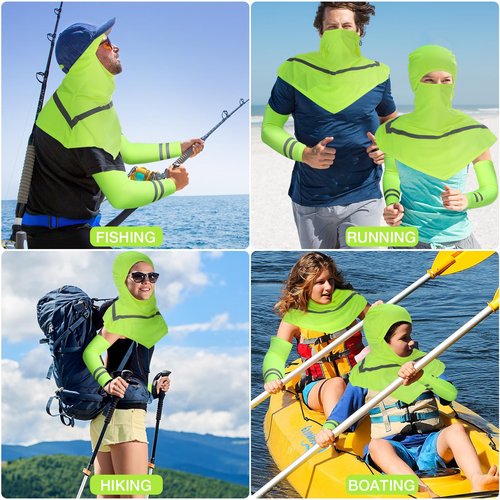 Toulite 3 Pcs Summer Balaclava Face Cover and 3 Pairs Sun Protection Cooling Arm Sleeves with Reflective Strip for Men Women (Fluorescent Green)