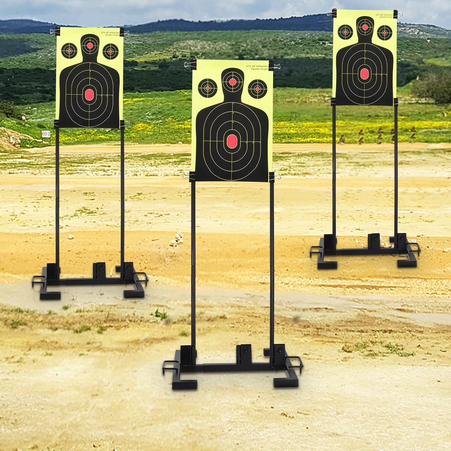 Adjustable Shooting Target Stand Set With 10 Paper Targets, Two Mounting Options for Outdoors, Stable Holder With Metal Poles and Ground Nails (Black)