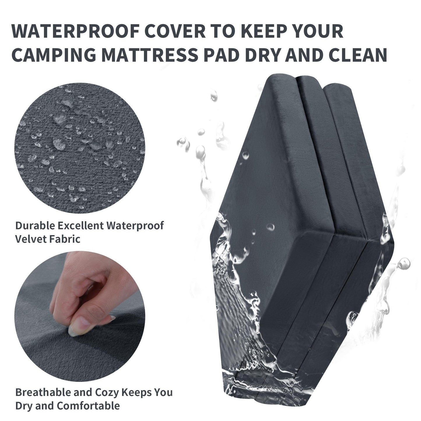 HOMBYS Tri Folding Memory Foam Camping Mattress for Outdoor Sleeping, Portable Waterproof Camping Pad Mat for Travel Truck Bed Tent,72" L x 24" W, Grey