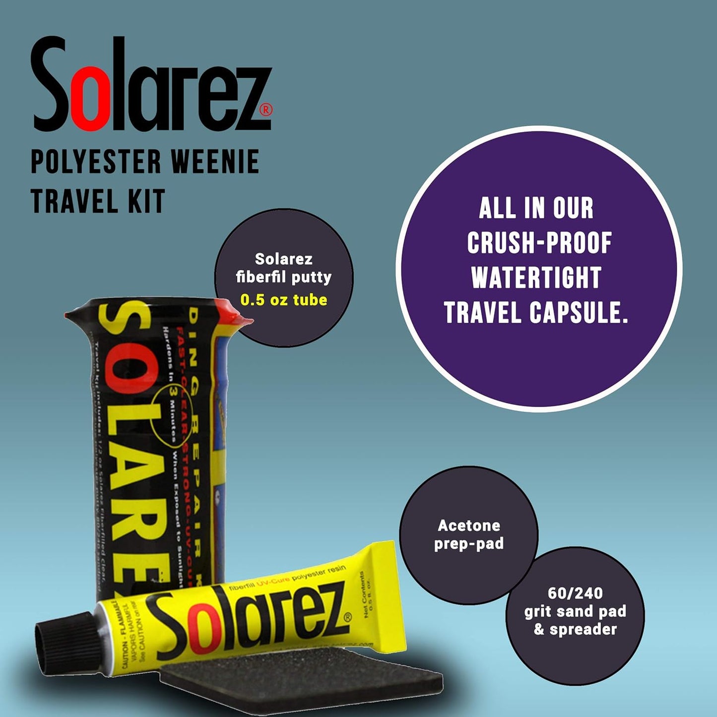 SOLAREZ UV Cure Polyester Weenie Travel Kit - Surfboard Repair Kit (0.5 Oz) Original Solar Cure Polyester Resin, Grit Sand Pad in a Watertight Capsule ~ High Strength, Non-Yellowing, Made in The USA