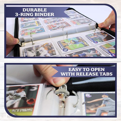 Baseball Card Binder 900 Pockets, 50 Pages, 3 Ring Trading Zipper Binder w/Strap, Large Storage, 9 Pocket Organizer Sleeves, Metal Release Tabs, Leather, Baseball Card Holder, Sports Collectors Gift