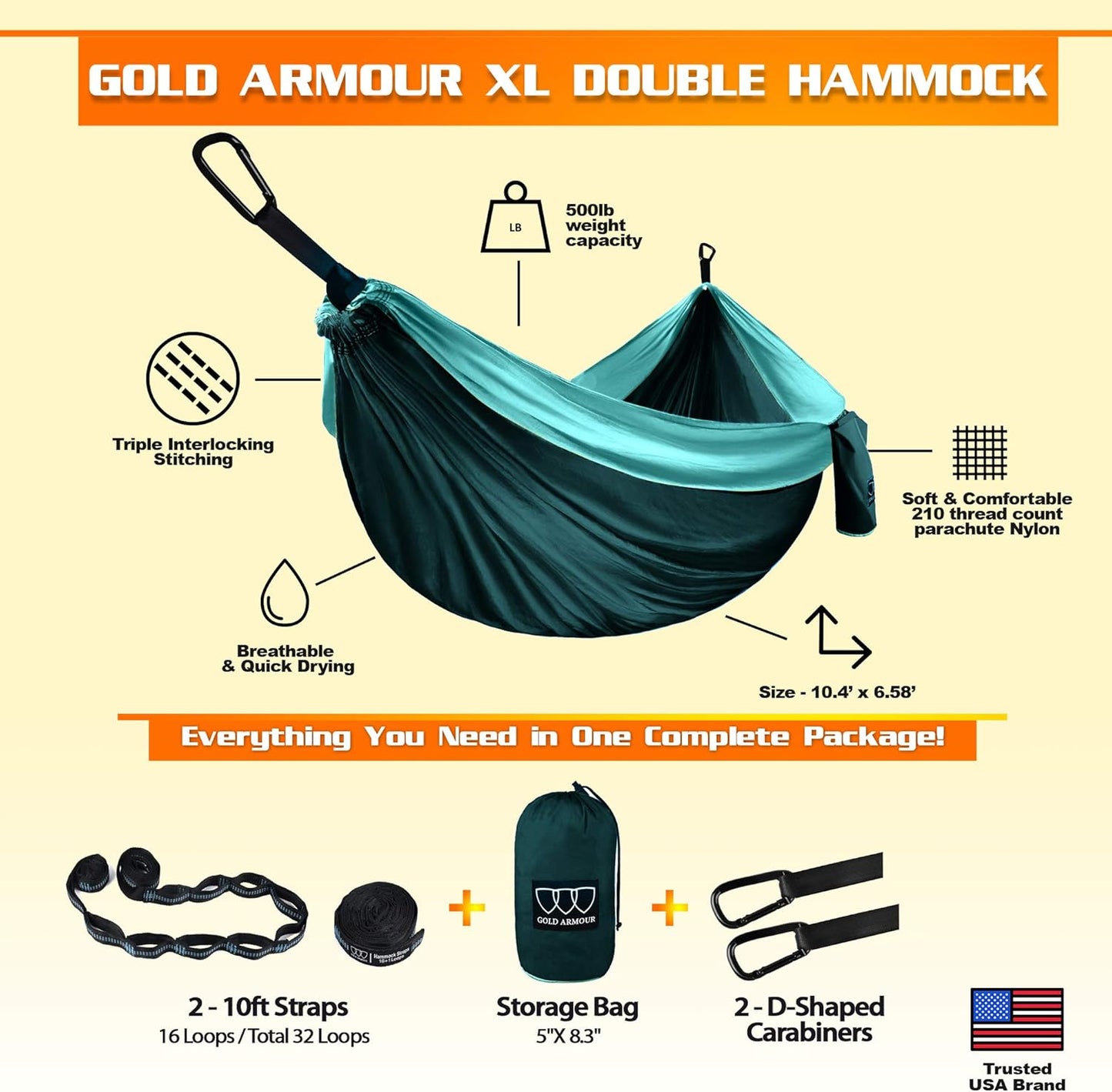 Gold Armour Camping Hammock - XL Double Hammock Portable Hammock Camping Accessories Gear for Outdoor Indoor with Tree Straps, USA Based Brand (Gray)
