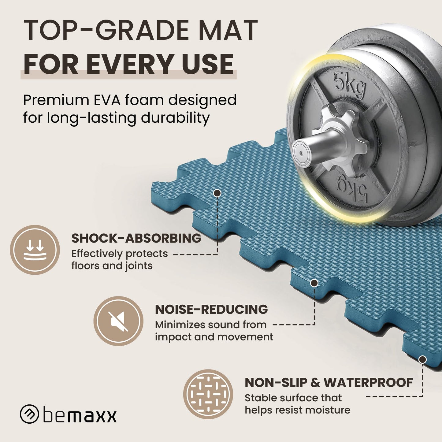 bemaxx Gym Mats Set - 18 pcs EVA Interlocking Foam Floor Tiles (12.6"x12.6"x0.4") 18sqft Protective Gym Flooring Sports Home Workout Exercise Mats Puzzle Garage Fitness Play-Room Pool Treadmill Bike