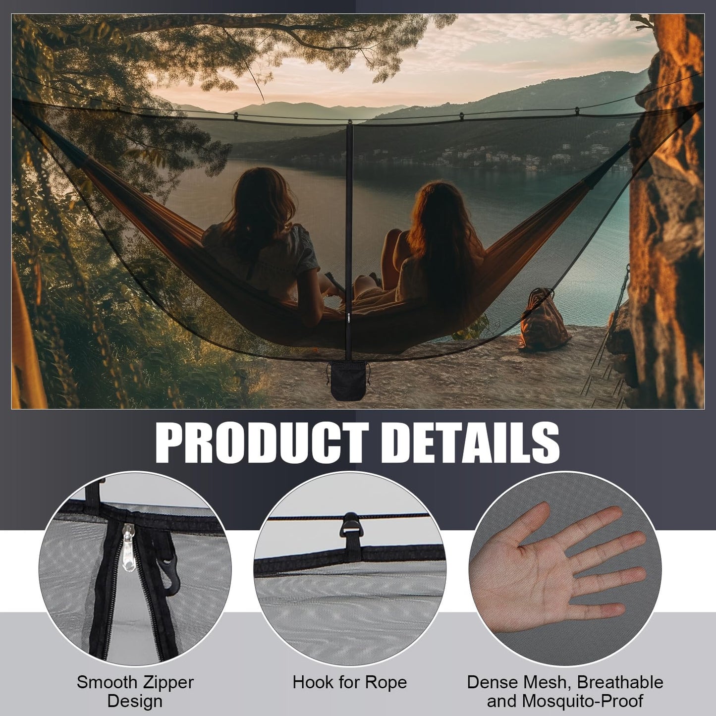 GliCraft 2 Pieces Hammock Bug Mesh Net 11 x 4.7 FT Hammock with Mosquito Net Camping 360 Degree Protection Dual Sided Diagonal Zipper for Hiking Camping Backpacking