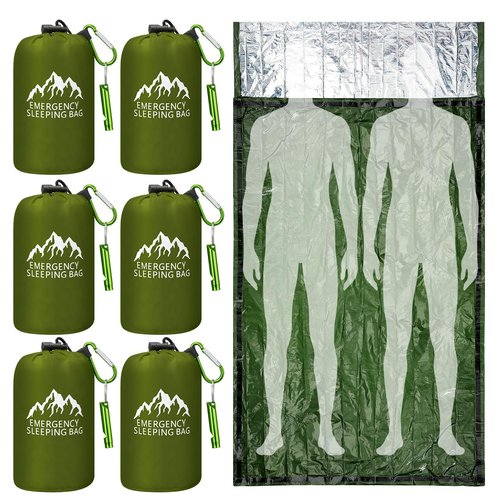 Oudain 6 Pcs XL Emergency Sleeping Bag 94.5" x 49.2" Waterproof Survival Sleeping Bag with Whistle Carabiner Portable Thermal Bivy Sack, Emergency Blankets for Camping Hiking Outdoor Activities