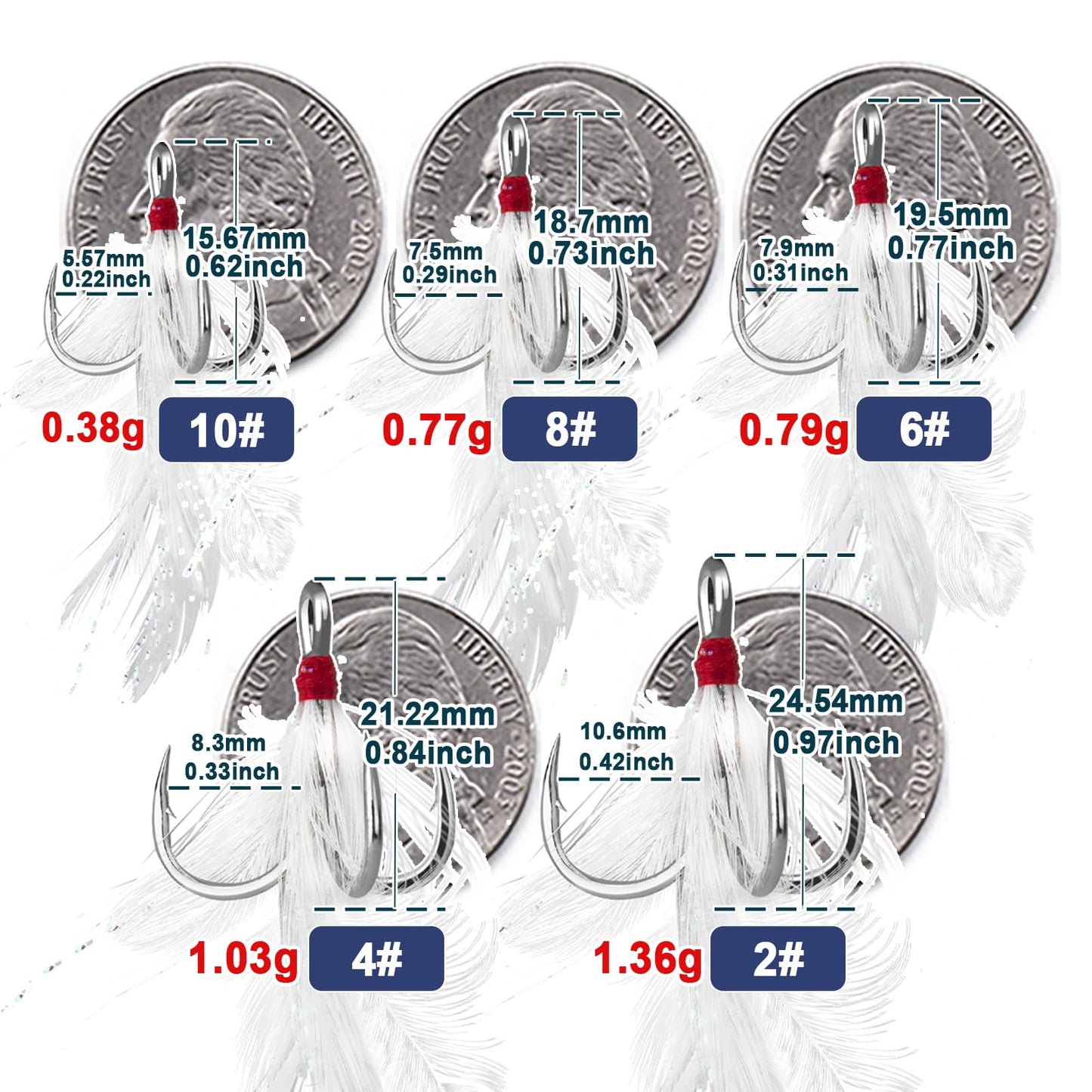 FishTrip Feathered Treble Hooks Fishing, 15Pcs Dressed Treble Hook Size 4 for Fishing Spoons Spinner Crankbait Jerkbait