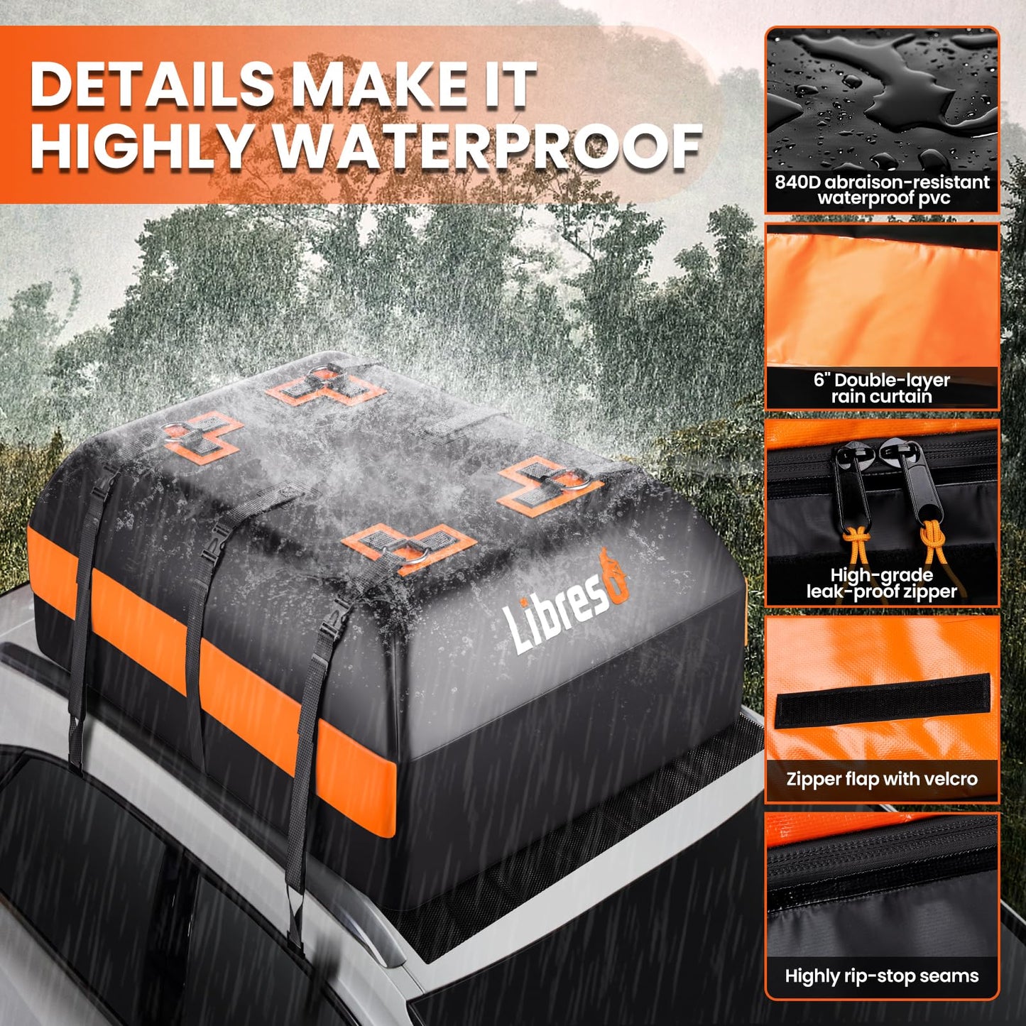 Extra Waterproof Car Rooftop Cargo Carrier Bag with Metal Ring Movable Straps Fit Cars with/Without Roof Rack, 21 Cu Ft Car Top Luggage Roof Bag with Smooth Zipper, Non-Slip Mat, 6 Door Hooks