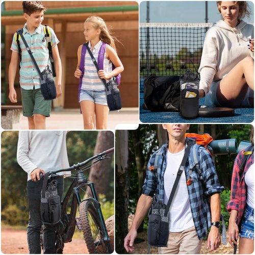 SPORJET Water Bottle Holder with Strap 64oz Water Bottle Carrier Bag with Phone Pocket - Crossbody Water Bottle Bag - Water Bottle Pouch for gallon water bottle, Medium, Black
