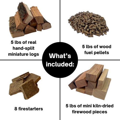 Triple Fuel MINI Firewood Kit - 15 Pounds Total - Hand-Split Logs, Reclaimed Wood Pieces, Wood-Fuel Pellets, & Firestarters - Compatible w/Solo Stove Mesa (5.5" Long Firewood)