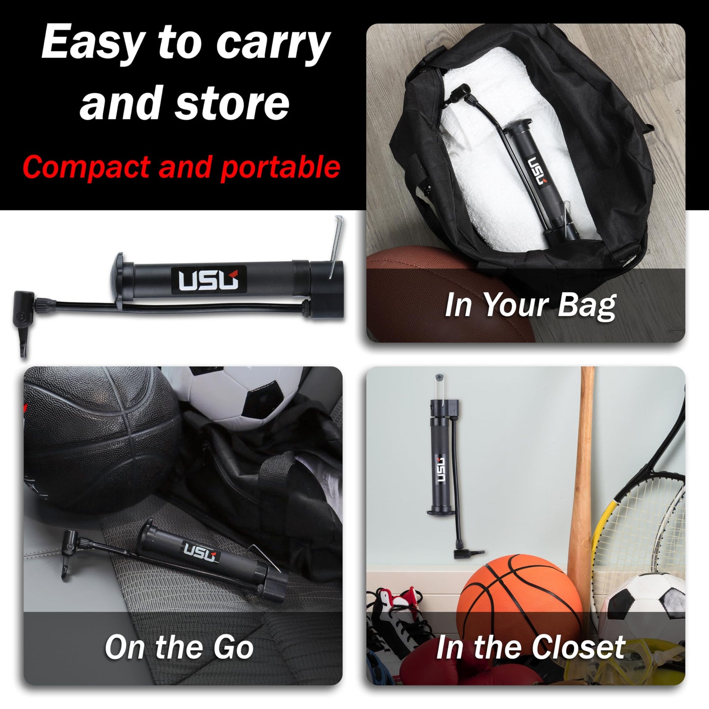 USU Sports Ball air Pump Manual Metal (Black)