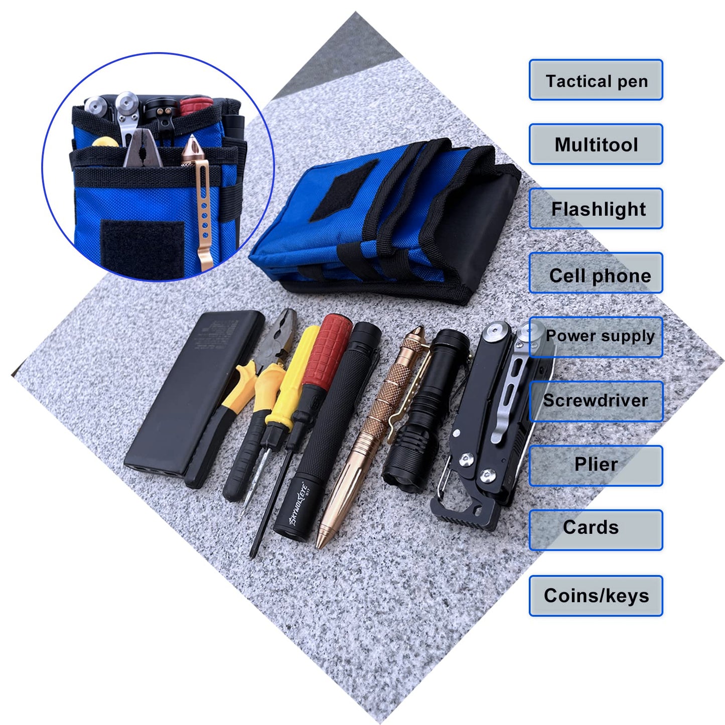 Maezar Multitool Organizer Holster, EDC Gears Cellphone Case, Nylon Tactical Pouch with D-Ring, Zipper (Blue)